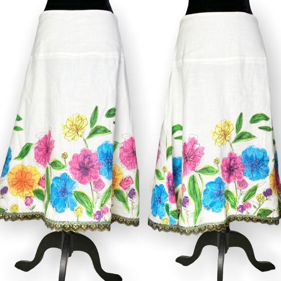 Carole Little floral abstract watercolor linen skirt size 6 modest art to wear - Picture 2 of 13